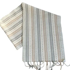 Pier One Imports Table Runner Beige Gray Tonal Striped Textured Fringe Shiny